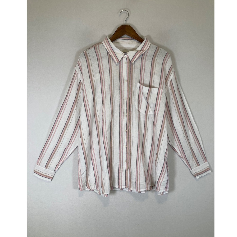 Coastal Stripe Gap Women XXL White Pink Linen Blend Button Down Oversized Shirt